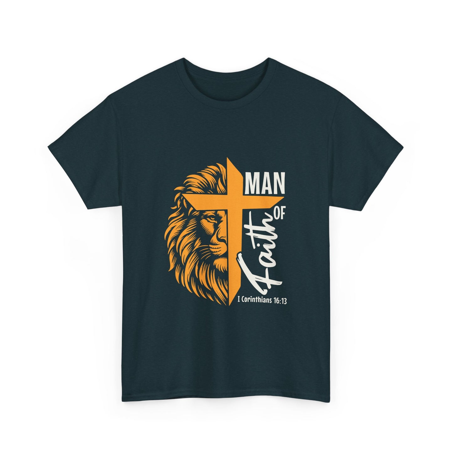 Inspirational Heavy Cotton Tee - 'Man of Faith' Yellow Lion