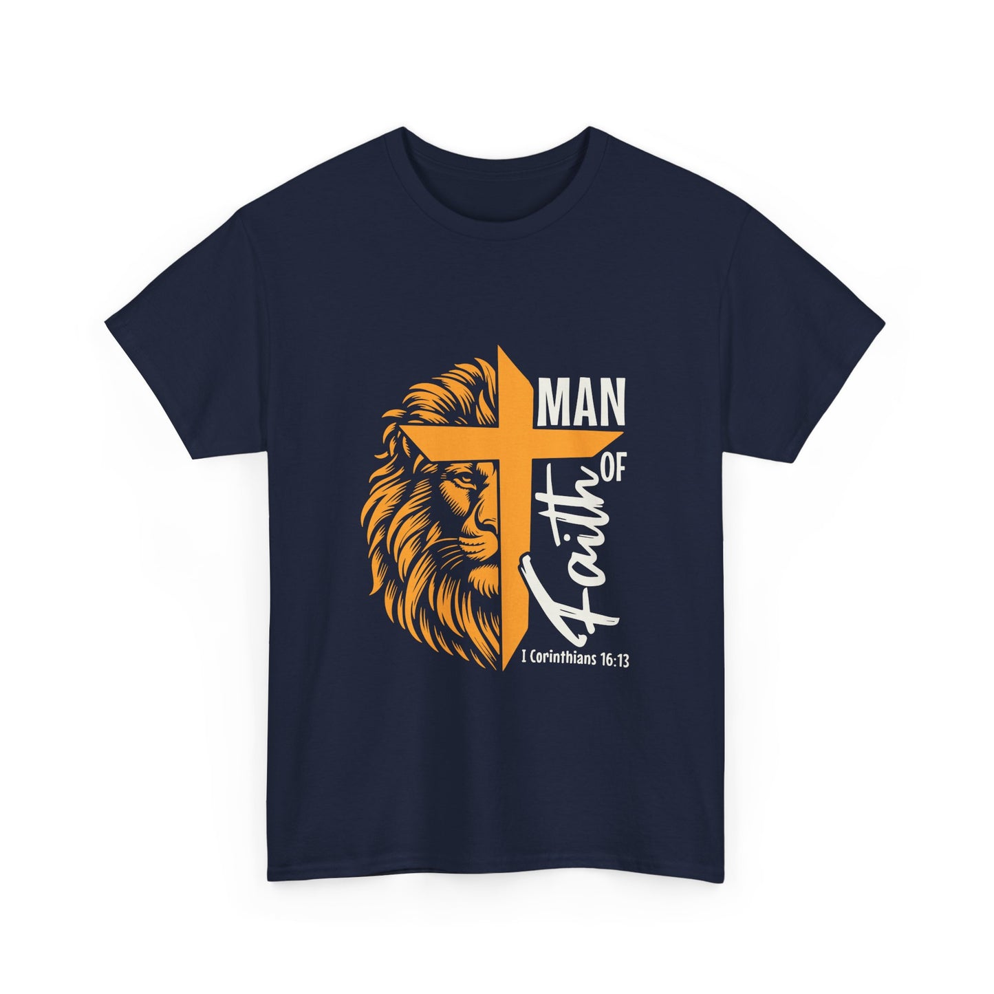 Inspirational Heavy Cotton Tee - 'Man of Faith' Yellow Lion