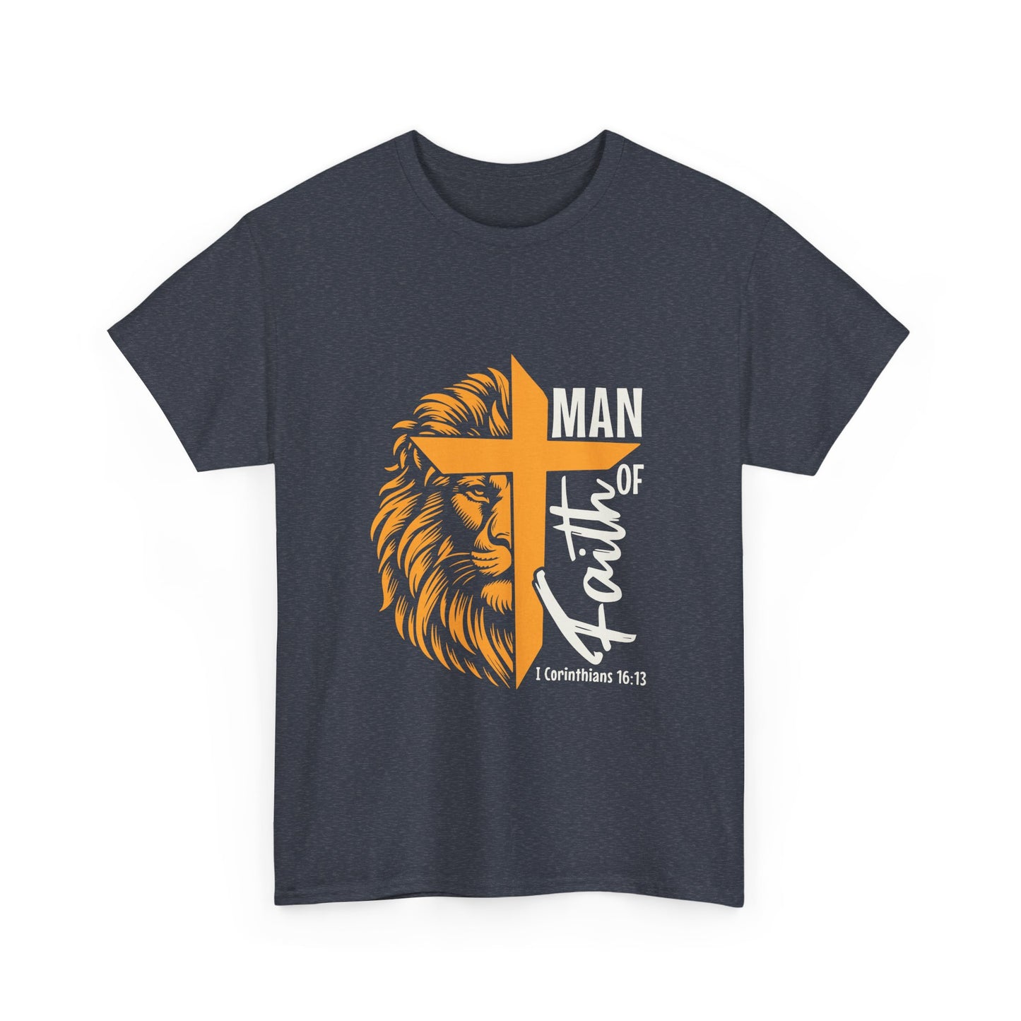 Inspirational Heavy Cotton Tee - 'Man of Faith' Yellow Lion