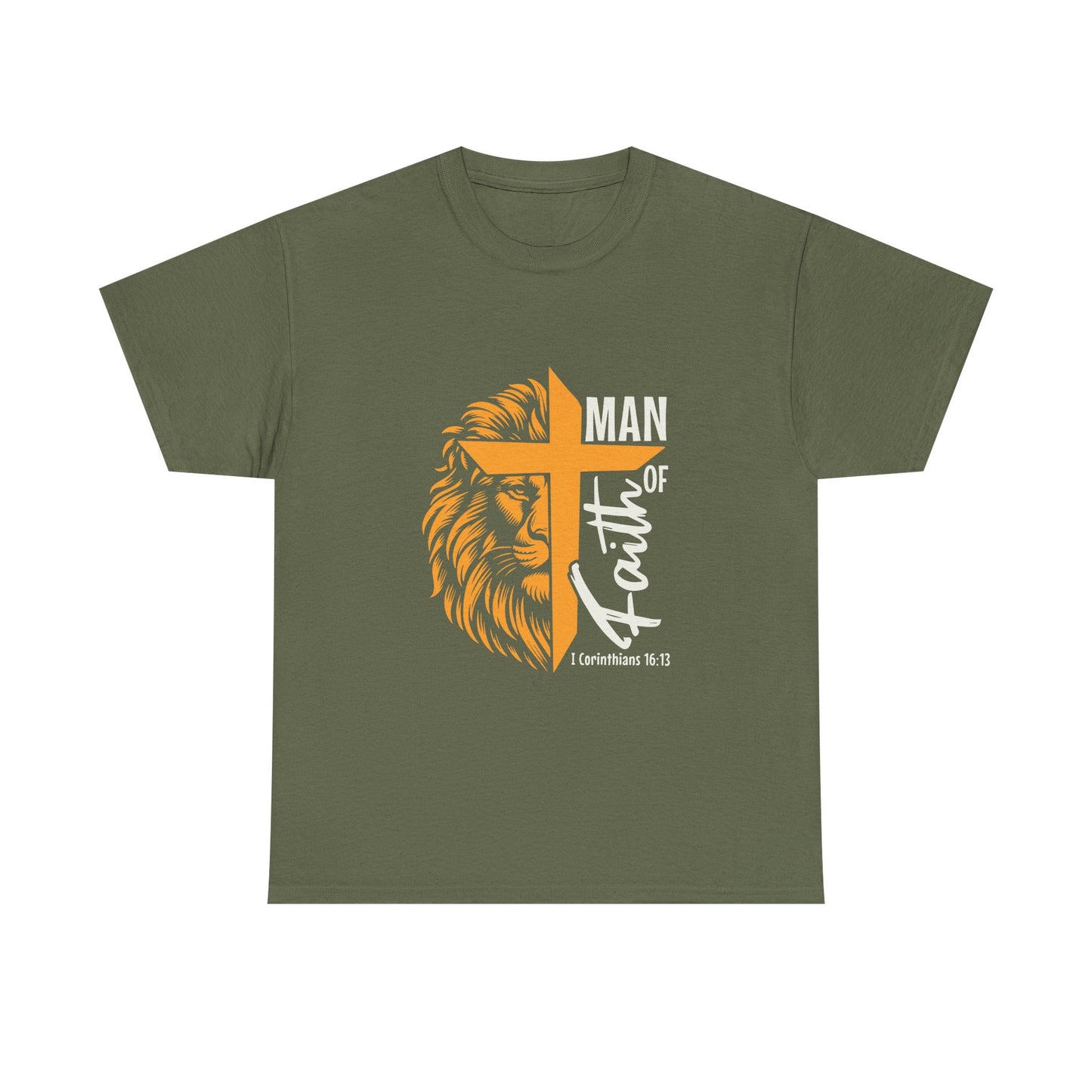 Inspirational Heavy Cotton Tee - 'Man of Faith' Yellow Lion