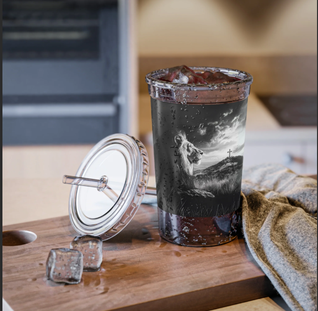 Inspirational Lion of Judah Acrylic Cup - Travel Tumbler with Cross Design