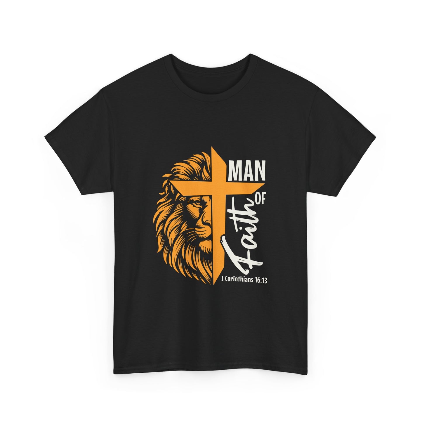 Inspirational Heavy Cotton Tee - 'Man of Faith' Yellow Lion