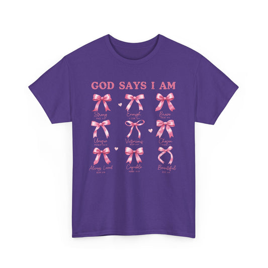 Inspirational Breast Cancer Awareness Heavy Cotton Tee - 'God Says I Am'