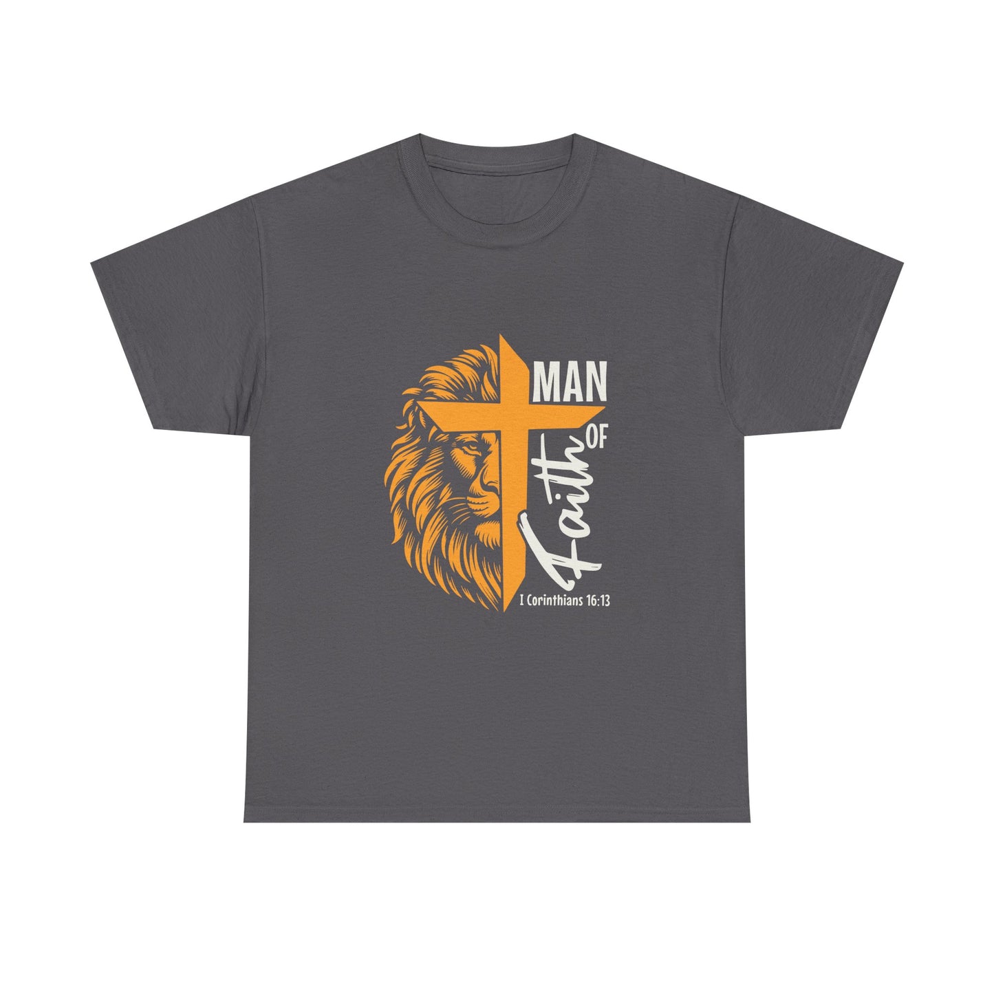 Inspirational Heavy Cotton Tee - 'Man of Faith' Yellow Lion
