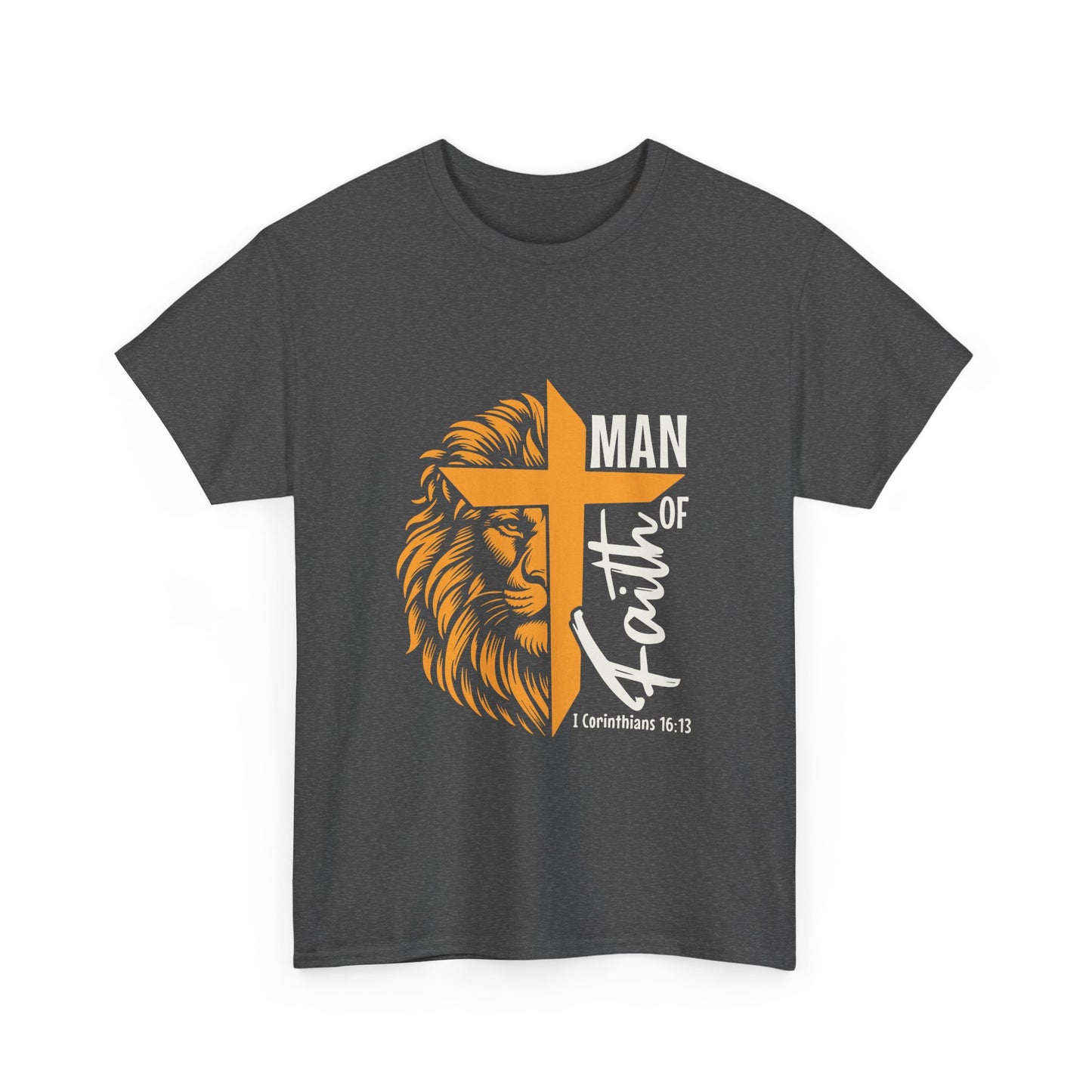 Inspirational Heavy Cotton Tee - 'Man of Faith' Yellow Lion